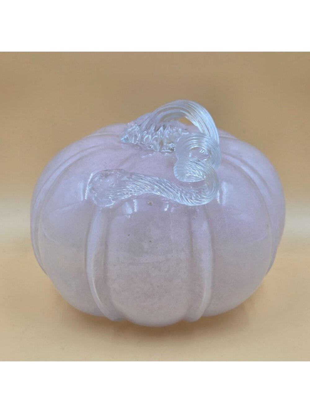 Hand Blown Art Glass Pumpkin Blush Pink Clear Curly Stem Fall Decor